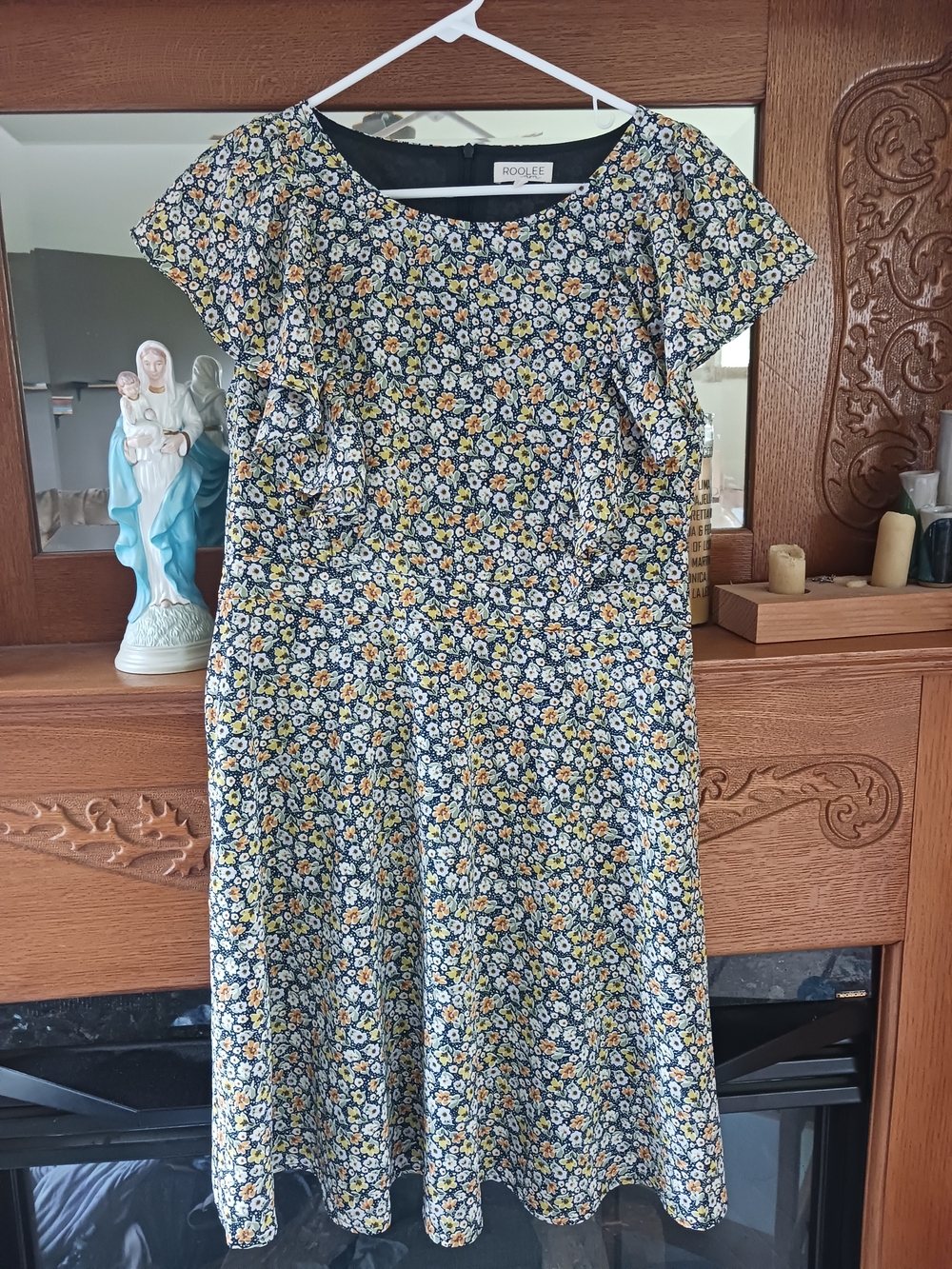 Roolee Navy Floral Ruffle Sleeve Zip Nursing Dress with Yellow and White Flowers